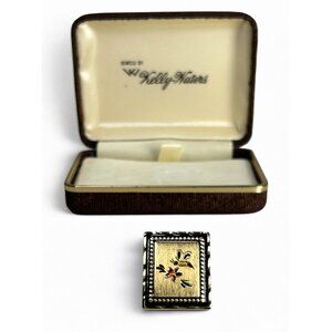 Jewels by Kelly Waters Bassetaille Engraved Enamel Bee Flower Gold Tone Brooch